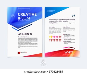 Business Brochure, Flyer And Cover Design Layout Template With Blue And Red Geometric Triangle Shapes And Colourful Blurred Backgrounds. Vector Illustration.