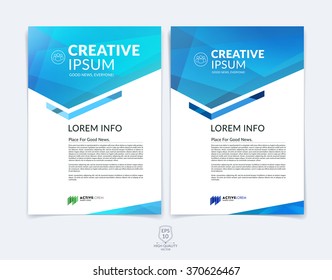 Business brochure, flyer and cover design layout template with blue and green geometric triangle shapes and colourful blurred backgrounds. Vector illustration.