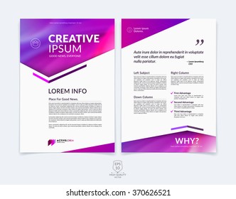 Business Brochure, Flyer And Cover Design Layout Template With Red, Pink And Purple Geometric Triangle Shapes And Colourful Blurred Backgrounds. Vector Illustration.