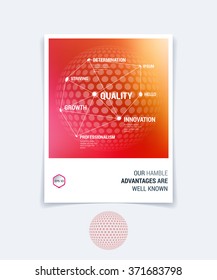 Business brochure, flyer and cover design layout template with sphere dots on red and pink blurred background. Vector illustration.