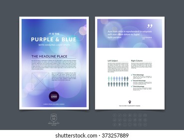 Business brochure, flyer and cover design layout template with purple and blue blurred backgrounds. Vector illustration.