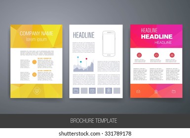 Business brochure flyer design layout template on triangle background. Templates. Design Set of Web, Mail, Brochures. Mobile, Technology, and Infographic Concept. Modern flat and line icons. 