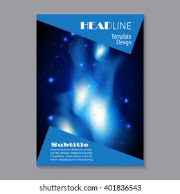 Business brochure flyer design layout template in A4 size. Vector illustration of abstract blue fire with sparks on black background. Triangular banners for your text. 