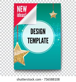 Business brochure, flyer design, layout template in A4 size. Paper poster with gold stars and glittering shine on backdrop, isolated on trasparent background, 3D illustration with text desig.