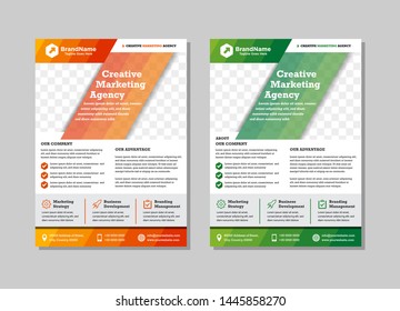 Business Brochure. Flyer Design. Leaflet a4 Template. Cover Book and Magazine. Annual Report Vector illustration. striped mosaic color. Layout space for photo collage. green and orange background.