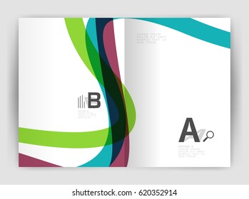 Business brochure flyer template, wave and line abstract background. Colorful curvy and wavy stripes on print template with sample text