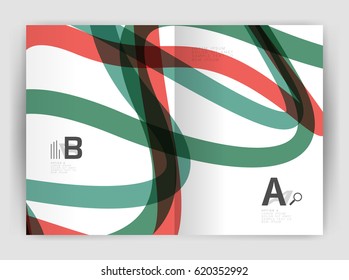 Plantilla de volante de folletos comerciales, fondo abstracto de ondas y líneas. Tiras onduladas y curvadas coloridas en la plantilla de impresión con texto de ejemplo