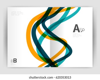 Business brochure flyer template, wave and line abstract background. Colorful curvy and wavy stripes on print template with sample text