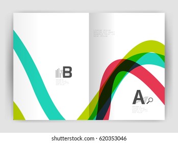 Business brochure flyer template, wave and line abstract background. Colorful curvy and wavy stripes on print template with sample text