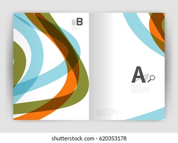Plantilla de volante de folletos comerciales, fondo abstracto de ondas y líneas. Tiras onduladas y curvadas coloridas en la plantilla de impresión con texto de ejemplo