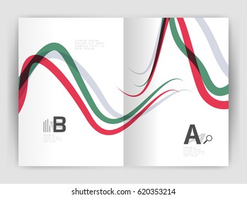 Plantilla de volante de folletos comerciales, fondo abstracto de ondas y líneas. Tiras onduladas y curvadas coloridas en la plantilla de impresión con texto de ejemplo