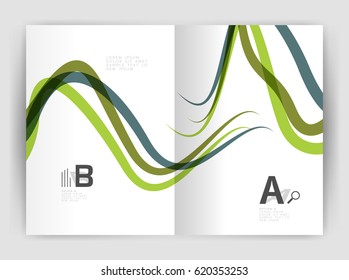 Business brochure flyer template, wave and line abstract background. Colorful curvy and wavy stripes on print template with sample text