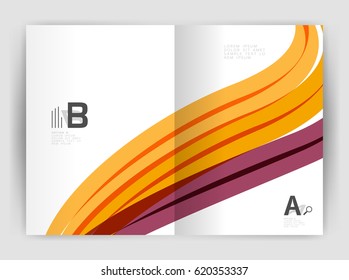 Plantilla de volante de folletos comerciales, fondo abstracto de ondas y líneas. Tiras onduladas y curvadas coloridas en la plantilla de impresión con texto de ejemplo