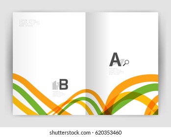 Plantilla de volante de folletos comerciales, fondo abstracto de ondas y líneas. Tiras onduladas y curvadas coloridas en la plantilla de impresión con texto de ejemplo