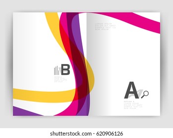 Business brochure flyer template, wave and line abstract background. Colorful curvy and wavy stripes on print template with sample text