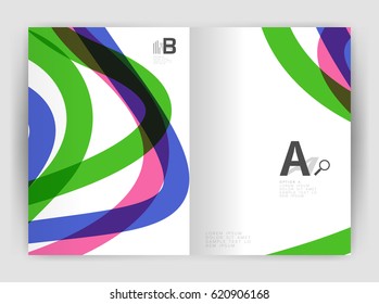 Business brochure flyer template, wave and line abstract background. Colorful curvy and wavy stripes on print template with sample text