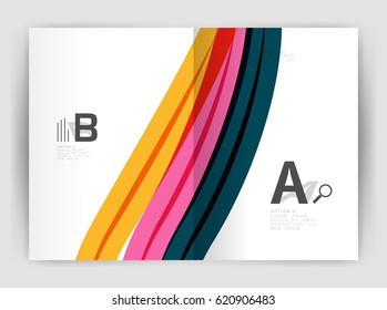 Business brochure flyer template, wave and line abstract background. Colorful curvy and wavy stripes on print template with sample text