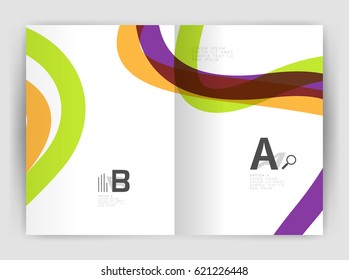 Business brochure flyer template, wave and line abstract background. Colorful curvy and wavy stripes on print template with sample text