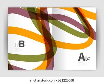 Business brochure flyer template, wave and line abstract background. Colorful curvy and wavy stripes on print template with sample text