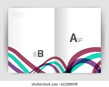 Business brochure flyer template, wave and line abstract background. Colorful curvy and wavy stripes on print template with sample text