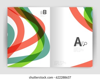 Business brochure flyer template, wave and line abstract background. Colorful curvy and wavy stripes on print template with sample text