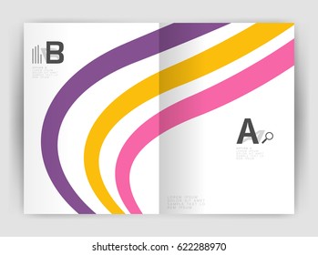Business brochure flyer template, wave and line abstract background. Colorful curvy and wavy stripes on print template with sample text