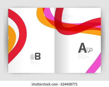 Business brochure flyer template, wave and line abstract background. Colorful curvy and wavy stripes on print template with sample text