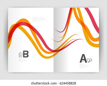Business brochure flyer template, wave and line abstract background. Colorful curvy and wavy stripes on print template with sample text