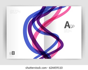 Plantilla de volante de folletos comerciales, fondo abstracto de ondas y líneas. Tiras onduladas y curvadas coloridas en la plantilla de impresión con texto de ejemplo
