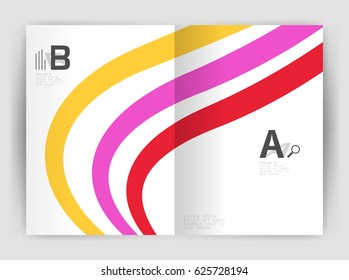 Business brochure flyer template, wave and line abstract background. Colorful curvy and wavy stripes on print template with sample text