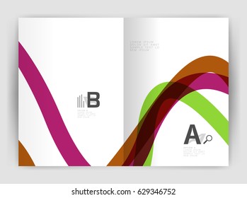 Business brochure flyer template, wave and line abstract background. Colorful curvy and wavy stripes on print template with sample text