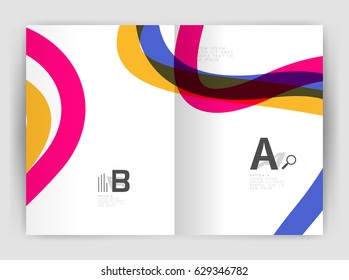Business brochure flyer template, wave and line abstract background. Colorful curvy and wavy stripes on print template with sample text