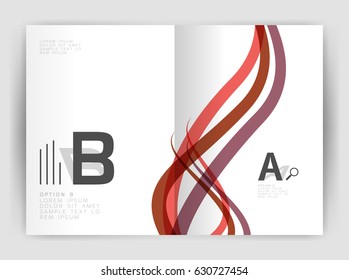 Business brochure flyer template, wave and line abstract background. Colorful curvy and wavy stripes on print template with sample text