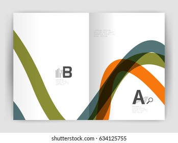 Business brochure flyer template, wave and line abstract background. Colorful curvy and wavy stripes on print template with sample text