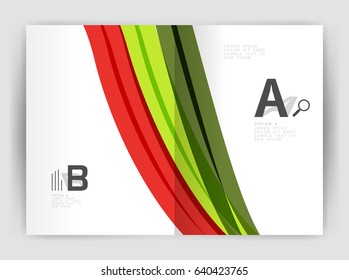 Business brochure flyer template, wave and line abstract background. Colorful curvy and wavy stripes on print template with sample text