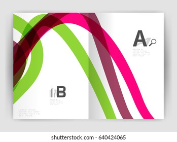 Business brochure flyer template, wave and line abstract background. Colorful curvy and wavy stripes on print template with sample text