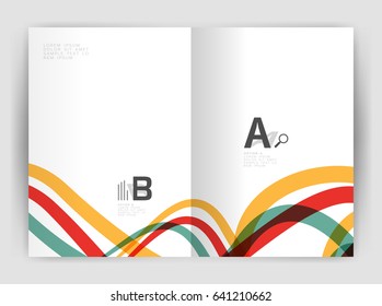 Business brochure flyer template, wave and line abstract background. Colorful curvy and wavy stripes on print template with sample text