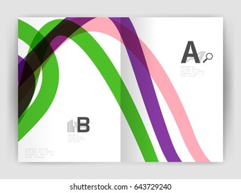 Business brochure flyer template, wave and line abstract background. Colorful curvy and wavy stripes on print template with sample text