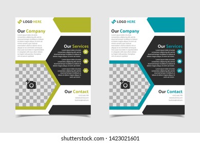 Business brochure and flyer vector design template with lime and cyan hexagonal color abstract in US letter size layout suitable for business company poster, banner, and annual report