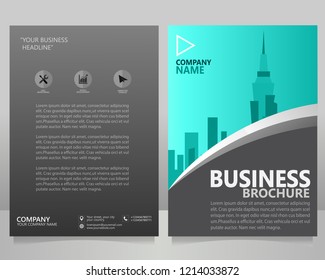 BUSINESS BROCHURE FLYER VECTOR TEMPLATE WITH A VECTOR CITY WALLPAPER ( neon blue metalic texture )