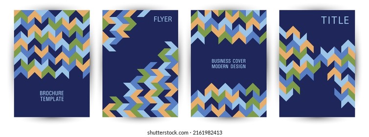Business brochure front page layout set vector design. Modernism style hipster folder layout set vector. Mosaic geometric elements background vertical cover design