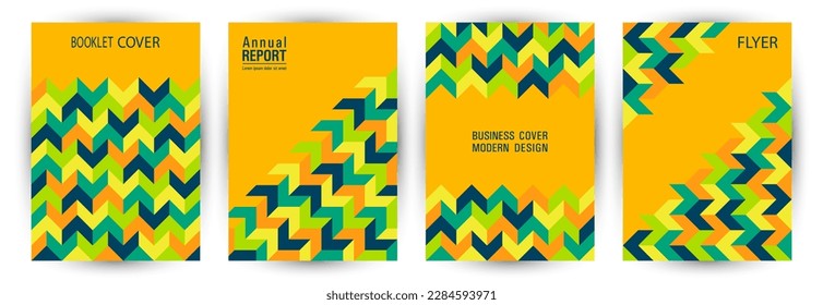 Business brochure front page layout set geometric design. Minimalist style vintage placard mockup set vector. Mosaic geometric shapes structure A4 card design