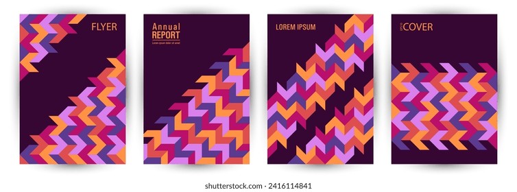 Business brochure front page mokup set A4 design. Minimalist style future title page layout set vector. Tile geometric elements structure vertical card design