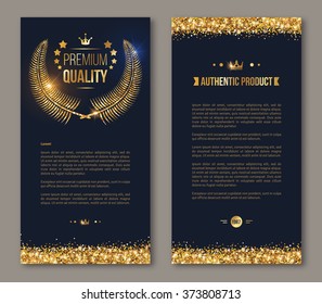 Business brochure with golden laurel wreath and gold confetti on dark background. Glittering premium vip design. Vector illustration. 