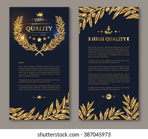 Business brochure with golden laurel wreath and gold confetti on dark background. Vector illustration. Glittering premium vip design. Olive branches Decor