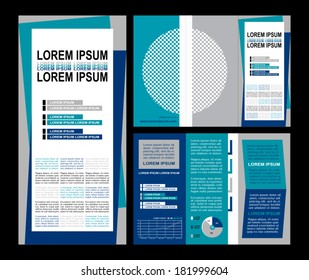 Business brochure layout, three fold flyer template design, presentation cover and pages  with modern art elements in blue color and creative solutions for design and decoration