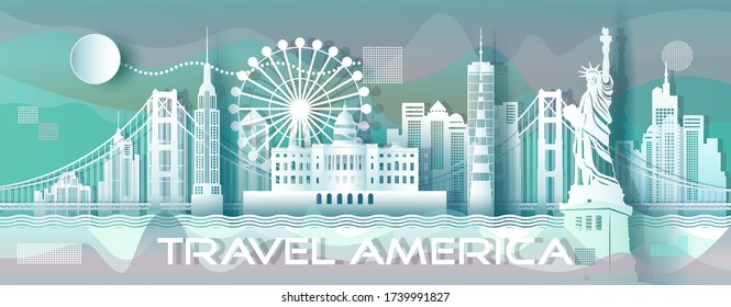 Business brochure modern design tourism to america, Landmarks of USA with architecture city and tourism, Travelling in Americawith paper cut origami style for travel poster, Vector illustration.