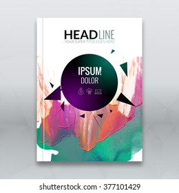 Business brochure report design template. Vector flyer layout, colorful watercolor polygonal triangle background mockup elements for magazine, cover, poster design. A4 size.