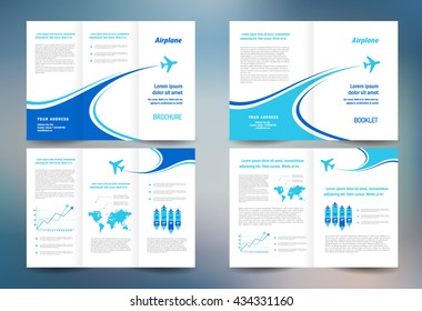 Business brochure set design template folder booklet tri-fold airplane flight lines takeoff transportation