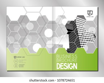 Plantilla de folleto comercial (formato A4 - portada y portada) - modernos edificios de oficinas/rascacielos - gráficos blancos, grises y verdes - ideal para informes anuales.